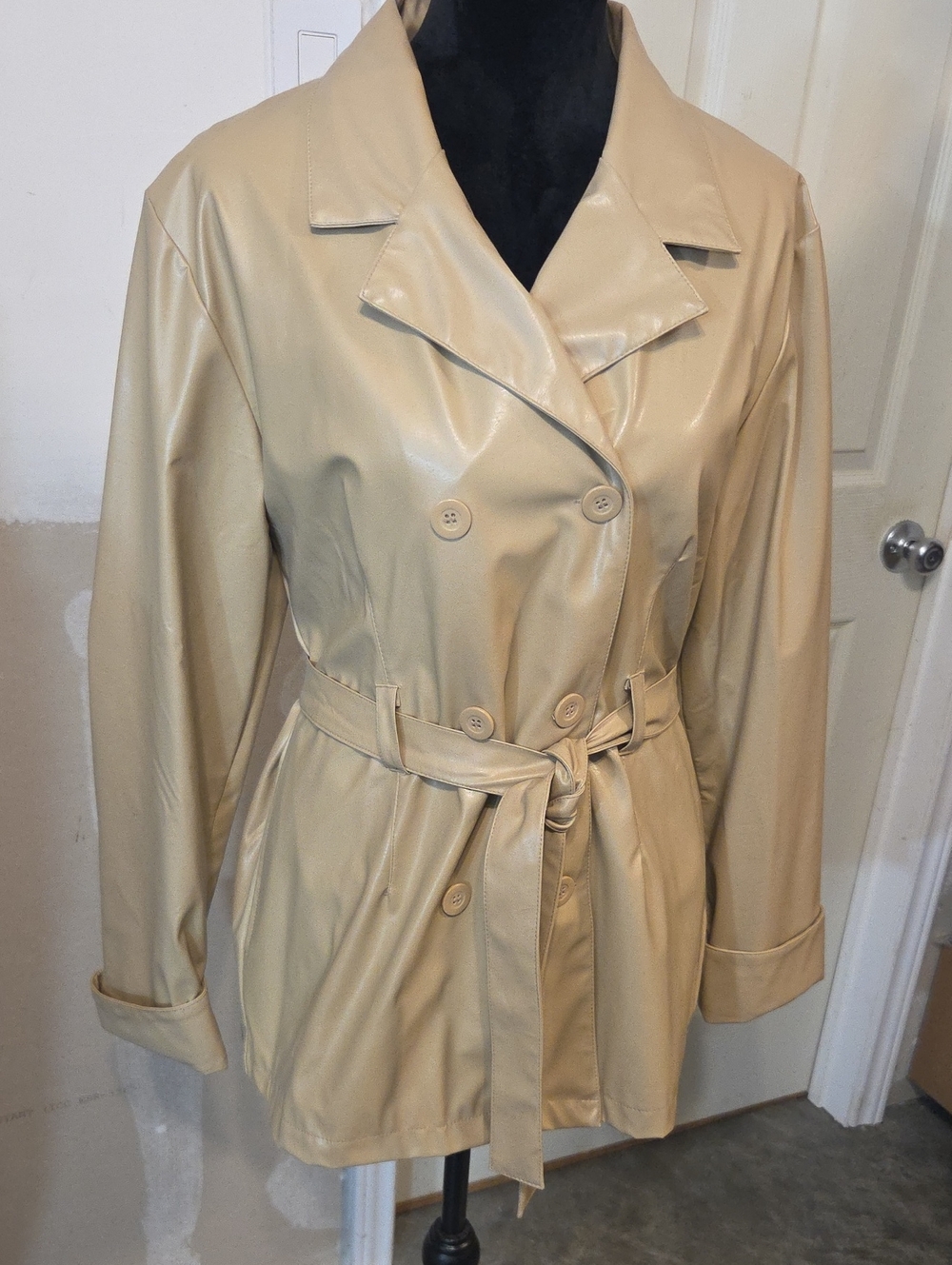 Outer Edge Women's Beige Faux Leather Double-Breasted Trench Coat Belt Fall